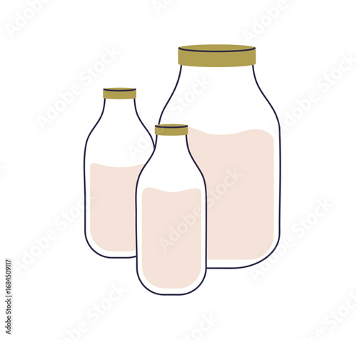 Milk in glass jars and bottles. Fresh dairy products, natural farm beverages sealed with caps. Organic farmers produce, healthy drinks. Flat vector illustration isolated on white background