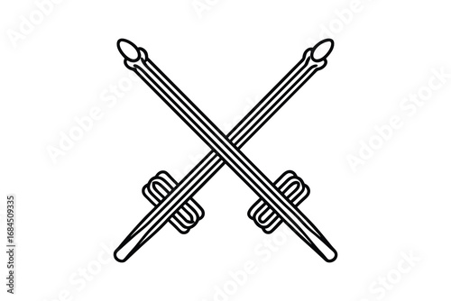 A simple black silhouette of two crossed drumsticks with decorative elements isolated on white background