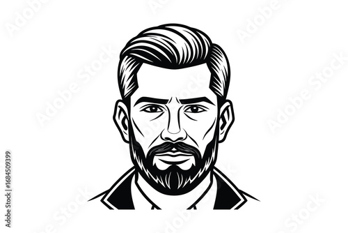 Stylized hand drawn portrait of a man with a beard and stylish hair silhouette isolated on white background