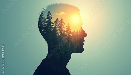 A double exposure silhouette of a mans profile filled with a dense forest and a bright sun, symbolizing introspection and the connection between humanity and nature