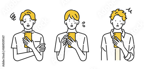 イラスト素材: スマホを見て困っている若い男性 表情セット