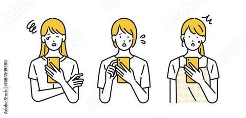 イラスト素材：スマホを見て困っている若い女性 表情セット