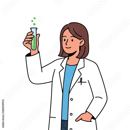 Female scientist holding a test tube with green liquid.