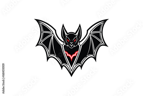 Stylized black bat with glowing red eyes and chest detail presented as a bold silhouette isolated on white background