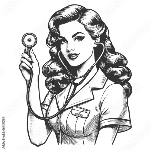 glamorous pin-up nurse holding a stethoscope, blending retro fashion with medical symbolism sketch engraving generative ai fictional character vector illustration. Scratch board. Black and white image