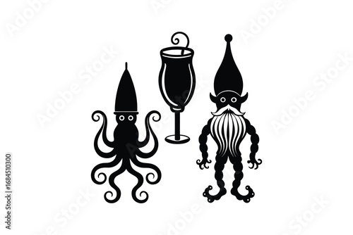 Three whimsical black silhouettes of a squid a goblet and a bearded gnome standing together isolated on white background silhouette