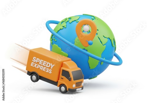 Orange speedy express truck moving past a stylized globe with a location pin, signifying global delivery services