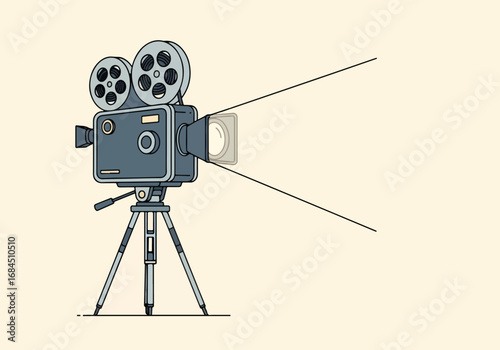 A retro-style illustration of a vintage movie camera on a tripod. The bright beam from its lens evokes the timeless magic and nostalgia of the silver screen.