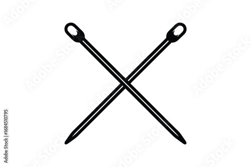 Two crossed knitting needles forming an x shape a simple black silhouette of crafting tools isolated on white background