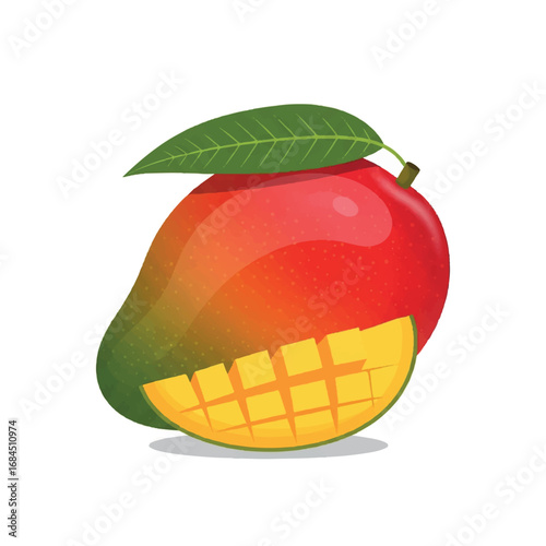 Fresh Ripe Mango Fruit with Leaf and Slice.