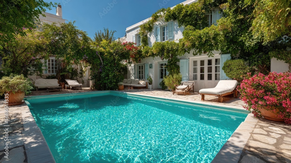 Fototapeta premium Square pool in the Greek villa garden concept. Beautiful house with a refreshing pool surrounded by lush greenery.