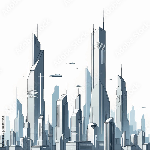 Futuristic Cityscape with Towering Skyscrapers and Flying Vehicles.