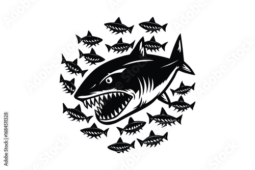 Fierce shark surrounded by a school of smaller fish a dramatic silhouette illustration isolated on white background
