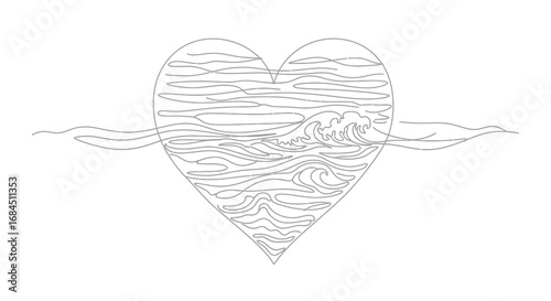 Fluid love single line drawing a heart filled with ocean waves and dreamy ocean landscape
