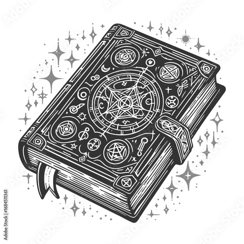 magical spellbook decorated with celestial symbols and a pentagram, glowing with mystical energy sketch engraving generative ai vector illustration. Scratch board imitation. Black and white image.