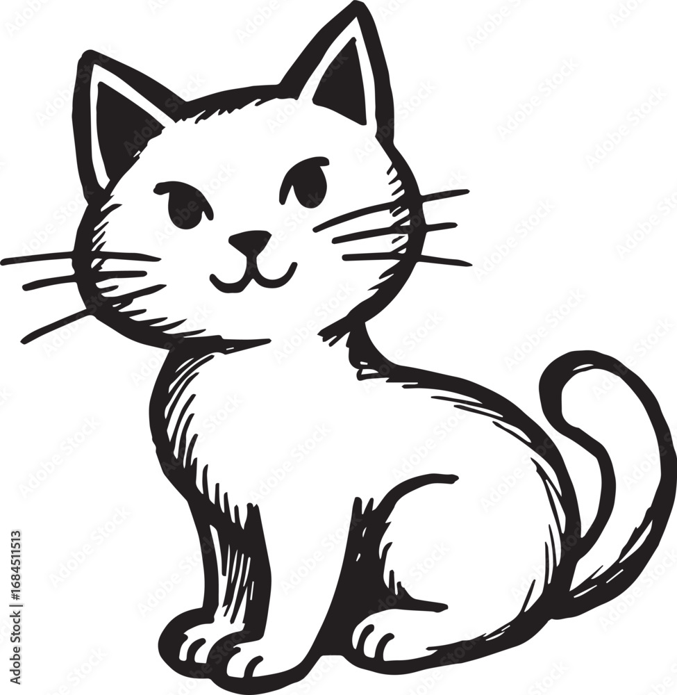 Obraz premium Cat Doodle Black and White Illustration Vector Image Cute Kitten Sketch Line Art Drawing Silhouette