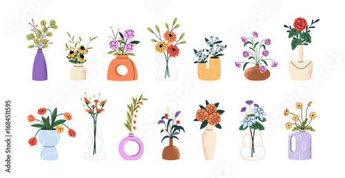 Set of flowers in modern vases. Glass and ceramic pots with bouquets. Cut posies of blooming plants in jugs with different geometric shapes. Flat isolated vector illustrations on white background