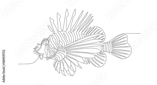 Elegant lionfish line art illustration, showcasing a continuous single stroke drawing style
