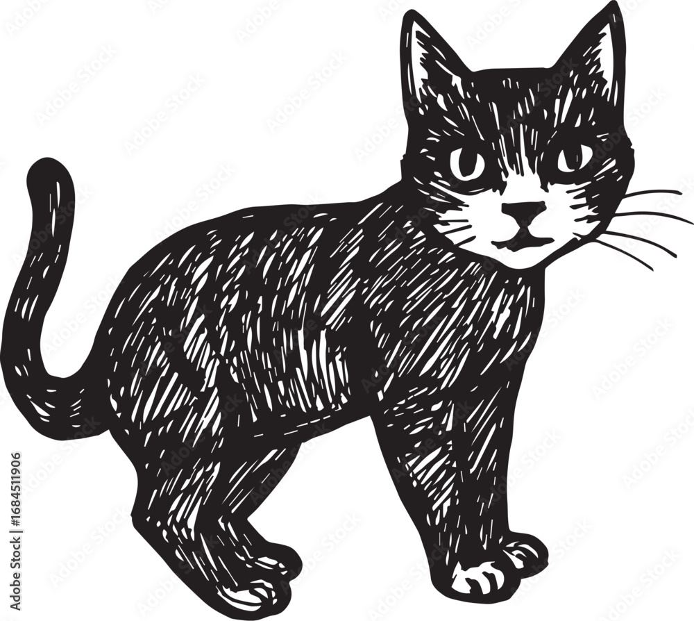 Obraz premium Cat Doodle Black and White Illustration Vector Image Cute Kitten Sketch Line Art Drawing Silhouette