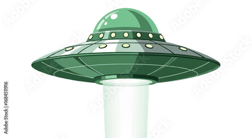 Green UFO Flying Saucer with Light Beam.