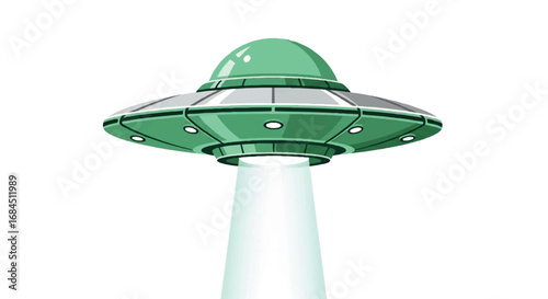 Green UFO with light beam isolated on white background.