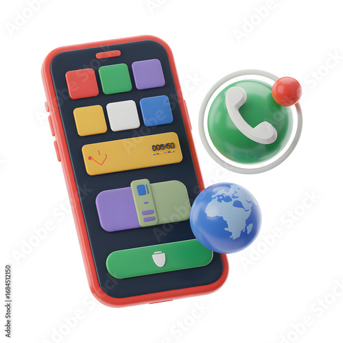 3 D Smartphone with Colorful App Icons and Whats App Notification Bubble transparent background isolated on a transparent background
