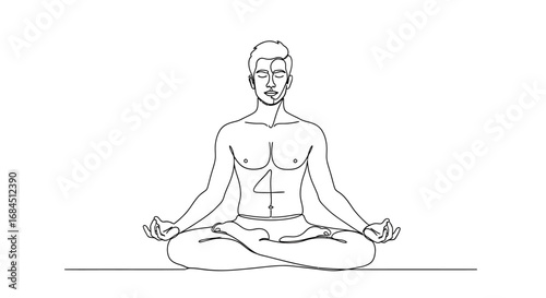 Continous line drawing of man in yoga pose, meditation with peace of mind for relaxation and