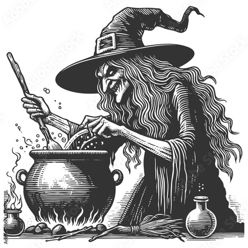 wicked witch in a hat stirring a bubbling cauldron, surrounded by bats and magic sketch engraving generative ai fictional character vector illustration. Scratch board imitation. Black and white image.