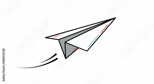 Handdrawn paper airplane flying with a trail.