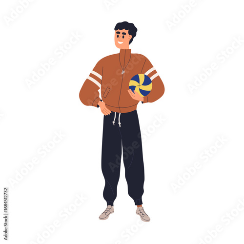 Man coach, sports trainer holding volleyball ball. Physical training and educ...