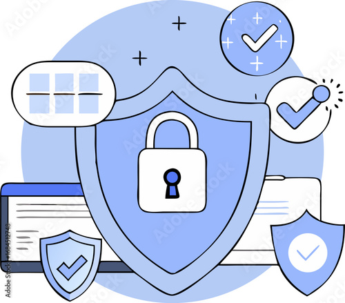 Cybersecurity Shield Verification with Lock Vector Illustration