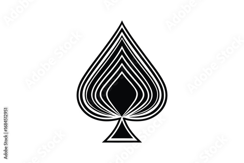 Black silhouette of a spade playing card symbol with intricate line details isolated on white background
