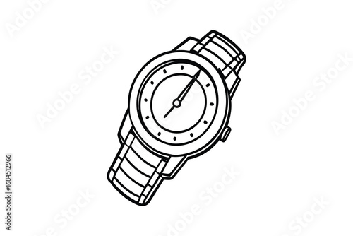 Classic analog wristwatch with a simple dial and metal band presented as a clean line art silhouette isolated on white background