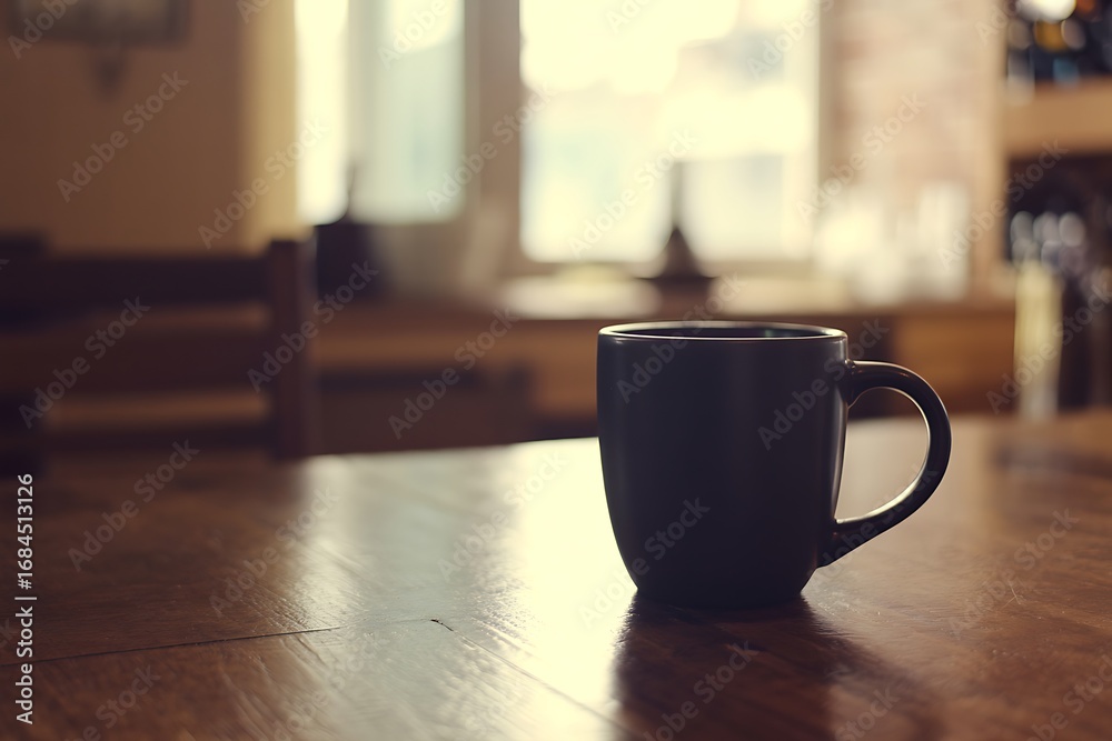 Obraz premium Dark Coffee Mug on Rustic Wood Table, Warm Morning Light, Cozy Home Interior