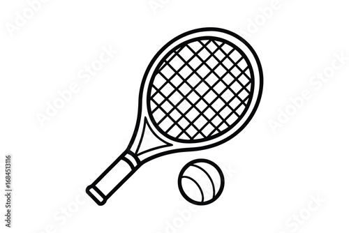 Simple black and white line drawing silhouette of a tennis racket and ball isolated on white background