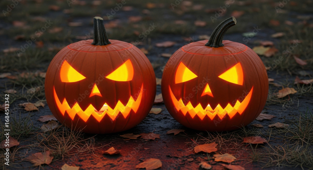 Fototapeta premium Two glowing jack o lanterns with scary faces carved for halloween night