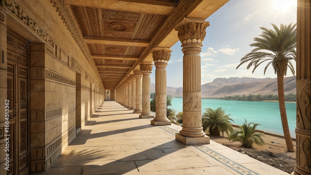 Obraz premium Ancient Egyptian Architecture with Columns Overlooking the Nile River and Desert Mountains
