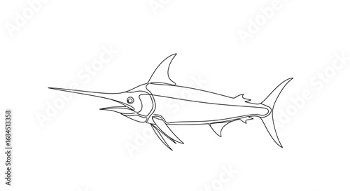 Monoline artistic portrayal of a swordfish against a pristine white backdrop suitable for