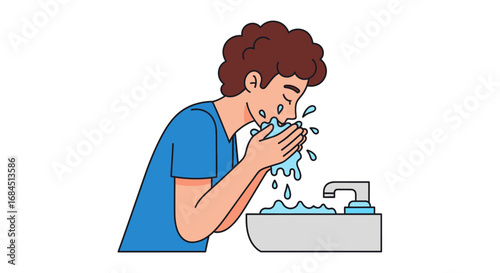 Illustrative depiction of personal hygiene routine: A young man washing face with water