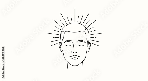 Minimalist line drawing of a serene face radiating light and tranquility
