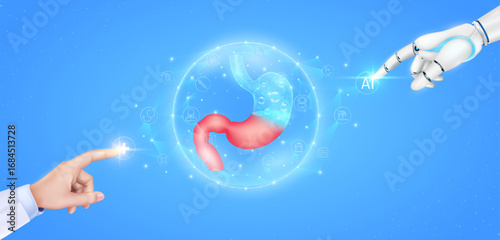 Stomach realistic shape model polygon in translucent dome with medical network icons. Cyborg human collaboration. Doctor robot finger touching plus sign AI. Health care technology digital.