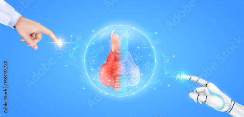 Thyroid gland realistic shape model polygon in translucent dome with medical network icons. Cyborg human collaboration. Doctor robot finger touching plus sign AI. Health care technology digital.