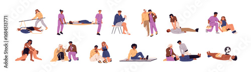Providing first aid to victims set. Firstaid in emergency accidents. Medical help in heart attack, electric shock. CPR, applying bandage to injury. Flat isolated vector illustrations in white