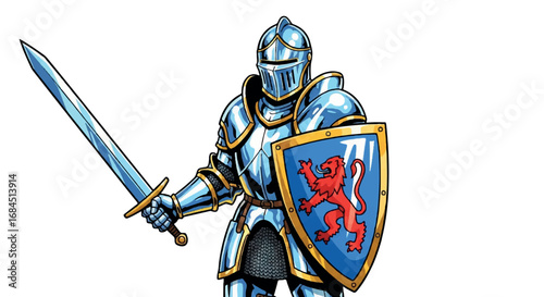 Knight in Shining Armor with Sword and Shield.