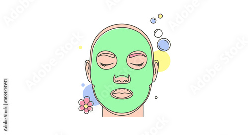 Illustrated serene woman enjoying a facial mask treatment for skin rejuvenation and self care