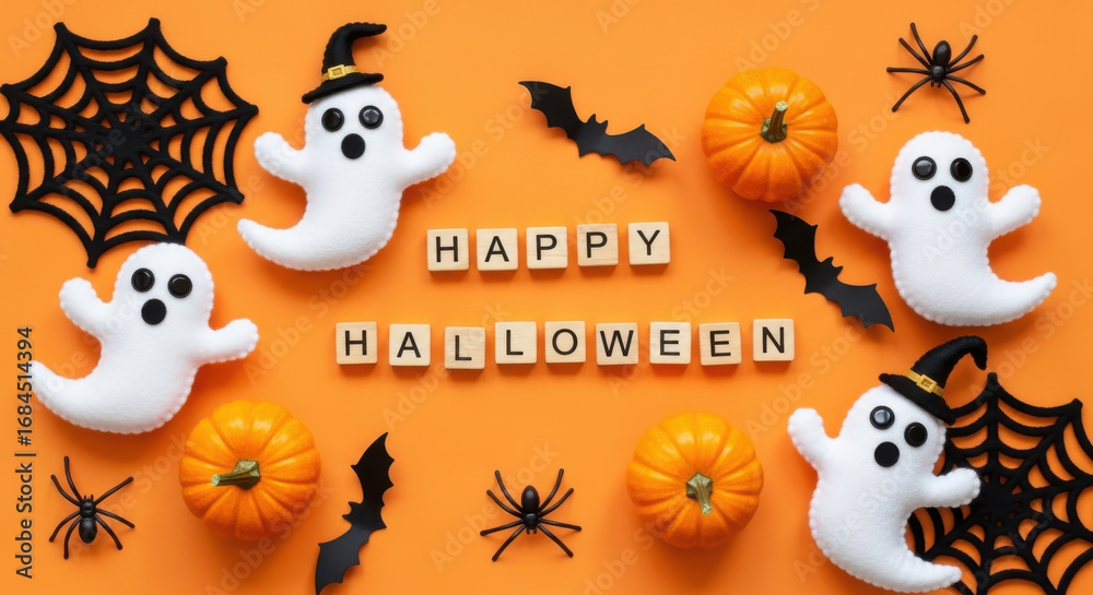 Fototapeta premium Cute and spooky halloween decorations featuring ghosts pumpkins bats and spiders on orange background