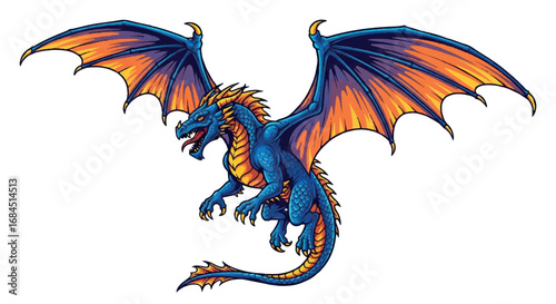 Majestic Blue Dragon with Fiery Wings Soaring.