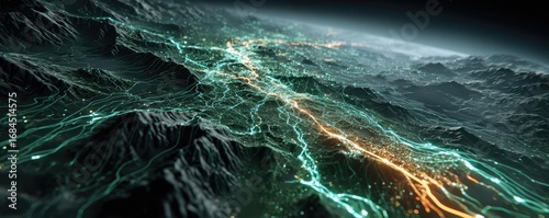 Logistic road with hologram data network online concept. Futuristic visualization of landscapes with glowing lines.