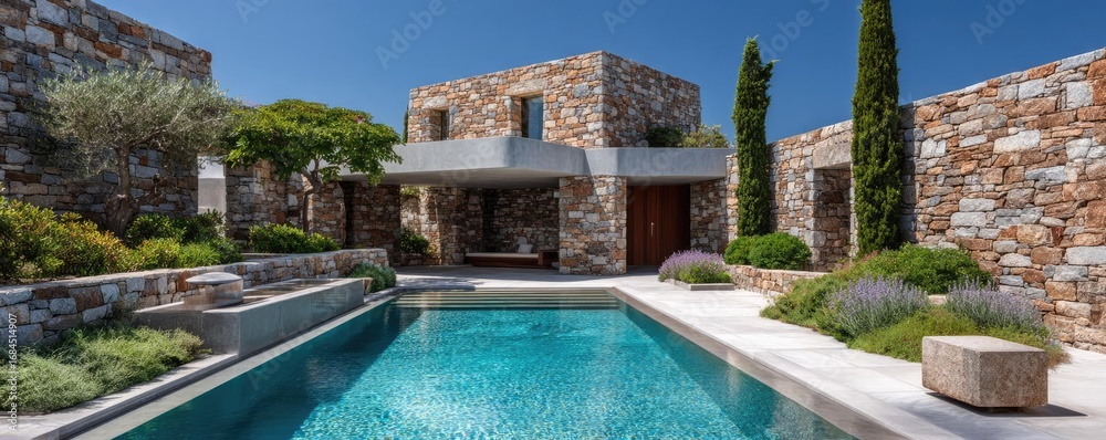 Fototapeta premium Square pool in the Greek villa garden concept. A modern house with a serene pool surrounded by lush greenery.