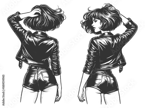 young woman in a leather jacket and shorts, shown from both back and side views sketch engraving generative ai fictional character vector illustration. Scratch board imitation. Black and white image.